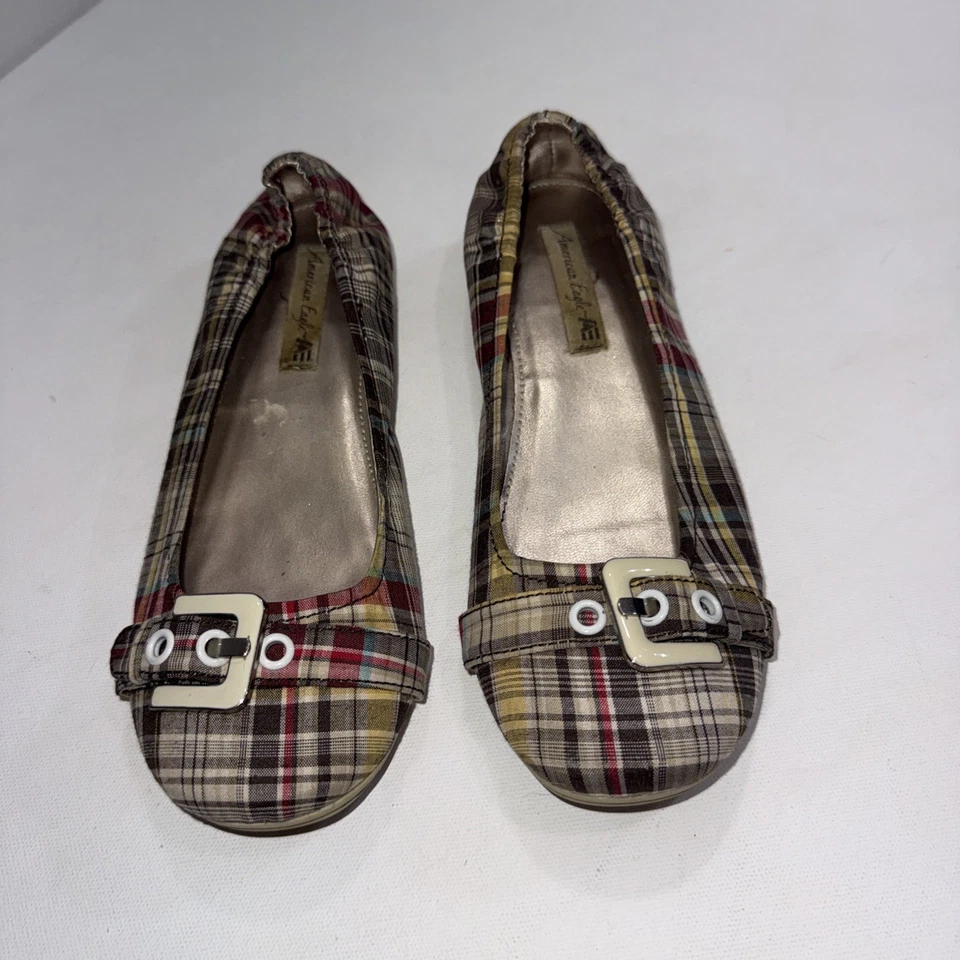 Vintage American Eagle Y2K Plaid Shimmer Buckle Flats Dress Shoes 8M - Image 3 of 4