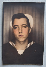 1940s WWII Handsome US Navy Sailor Uniform Color Tinted Studio Portrait Photo