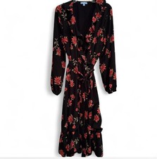 Draper James RSVP XL Polyester Long Sleeve Ruffle Midi Wrap Dress-Black Floral 