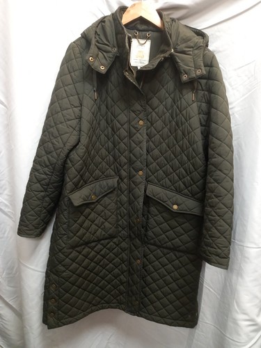 Joules Chatsworth Heritage Green Showerproof Long Diamond Quilted Coat UK 16 (NP