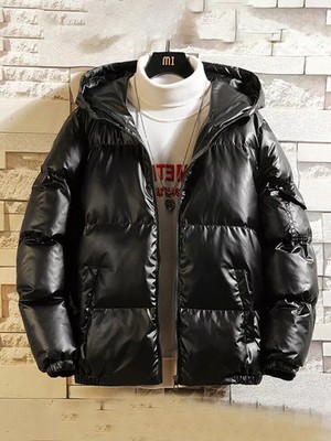 Bomberjacke Daunenjacke Herren schwarz glänzend mit Kapuze Sport Wintermode 10374N