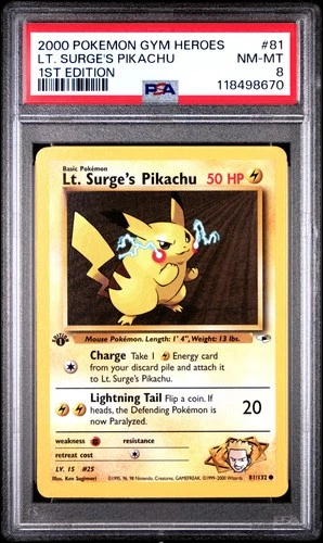 2000 POKEMON GYM HEROES 1ST ED #81 LT. SURGE'S PIKACHU PSA 8