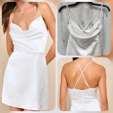 LULUS Luxe Reputation White Satin Sleeveless Cowl Neck Mini Dress Size SMALL*NEW