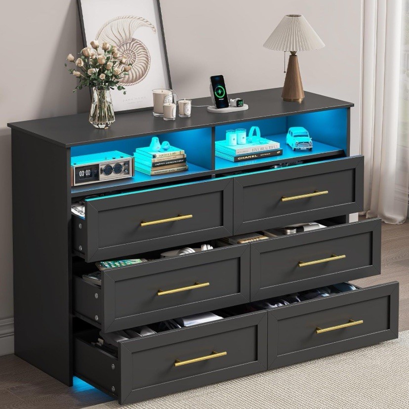 6 Drawer Dresser Modern Black Chest of drawers + LED Lighting+ Charging Station