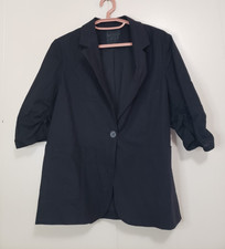 Mina Self Women M Blazer Ruched 3/4 Sleeve Black Single Button Linen Cotton NWOT