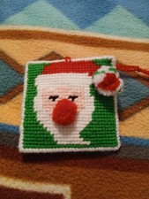 VTG Handmade Needlepoint Santa Ornament