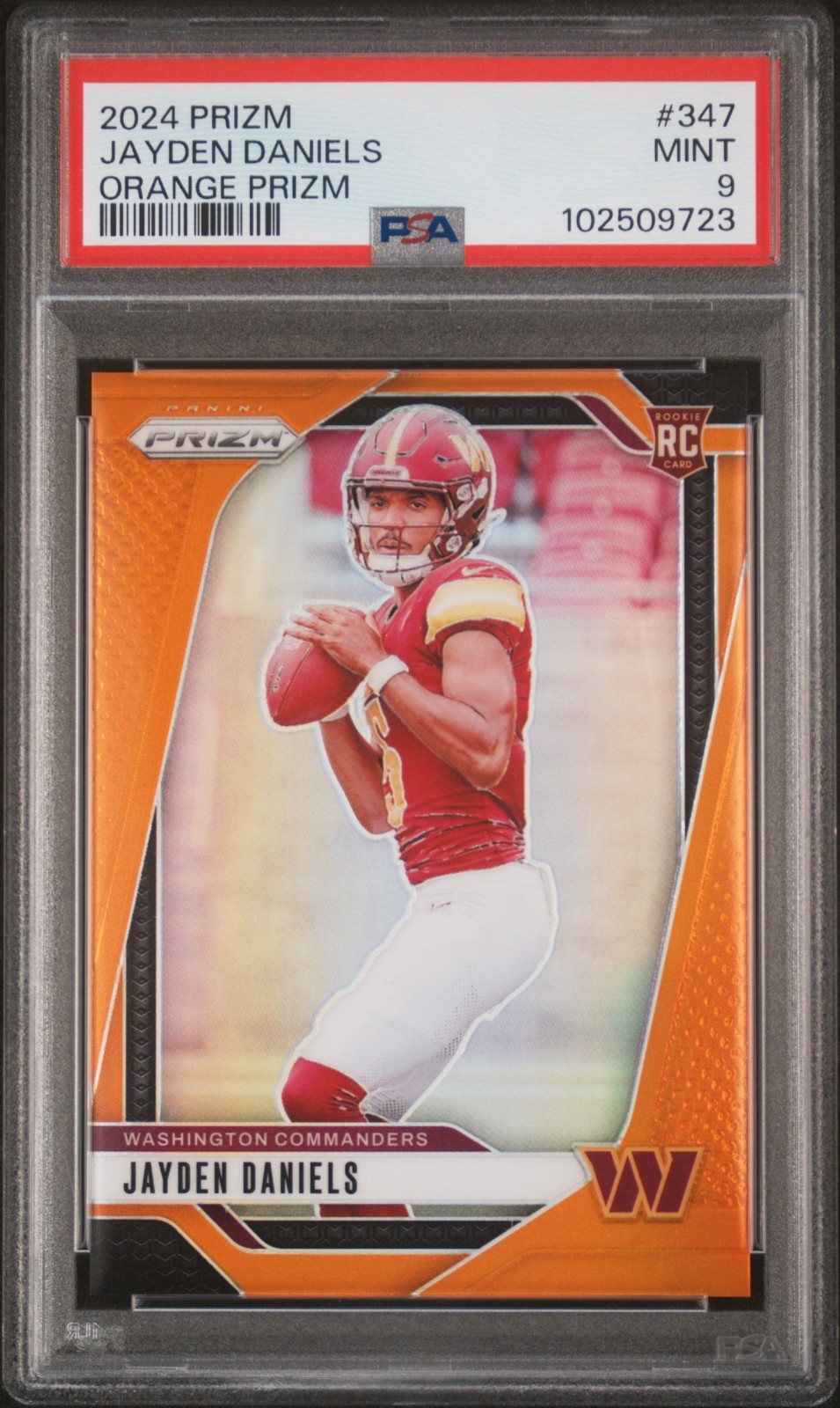 2024 PANINI PRIZM ORANGE PRIZM #347 JAYDEN DANIELS ROOKIE RC /249 PSA 9