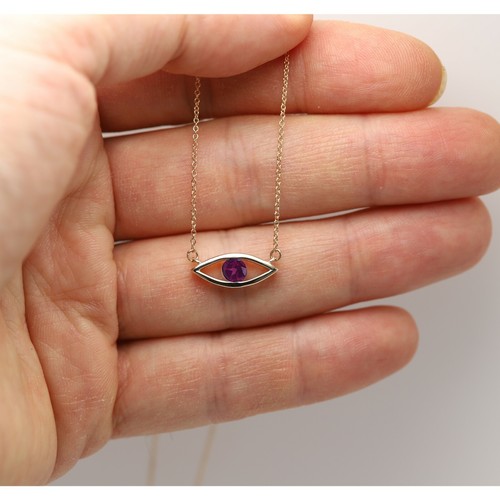 Gold Evil Eye 14K Gold Rhodolite Garnet Birthstone Gemstone Evil Eye Necklace - Picture 6 of 8