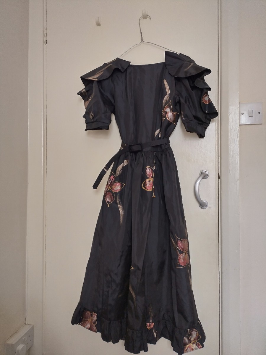 Vintage Long Black Elegant Dress With Glitter Flowers and Matching Belt Size 10 Vintage Long Black Elegant Dress With Glitter Flowers and Matching Belt Size 10