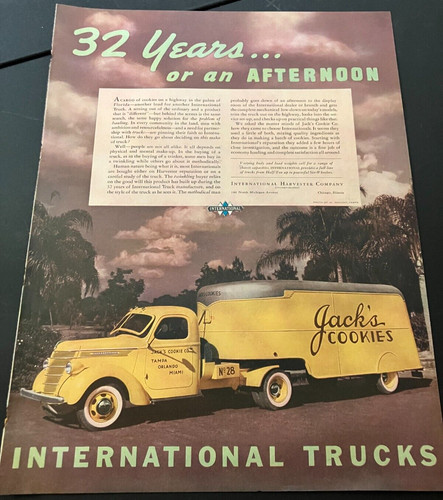 1938 International Trucks / Jack's Cookies - Vintage Color Print Ad Wall Art