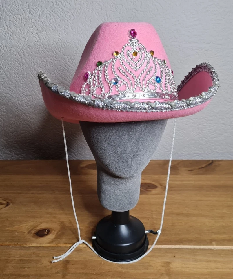 Pink Cowboy Hat With Tiara Sequins Cowgirl Fancy Dress Costume Hen Party Night - Image 4 of 4