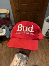 BUDWEISER Vintage 1980s TRUCKER hat, SNAPBACK, all mesh, RED, Made in USA