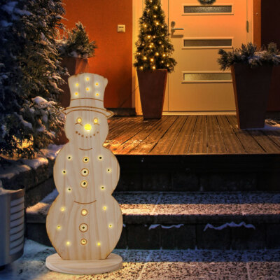 Weihnachtsdeko Holz Schneemann LED Winterdeko Innen Außen Batterie Timer H 50cm