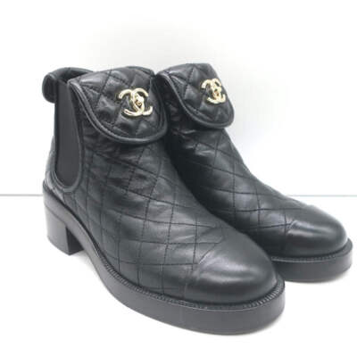 靴 Chanel Black Fold Over Leather Boots 39 Chanel CC Turn Lock Fold-Over Ankle Boots Black Quilted Leather