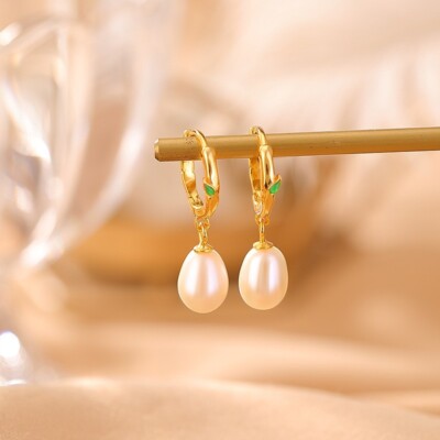 F02 Earrings Creole with Green Leaf Freshwater Pearls Silver 925