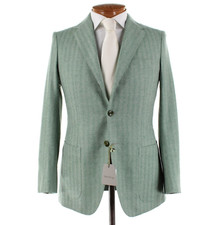 Sartorio Kiton NWT Wool Sport Coat Size 48R 38R US In Green/White Herringbone