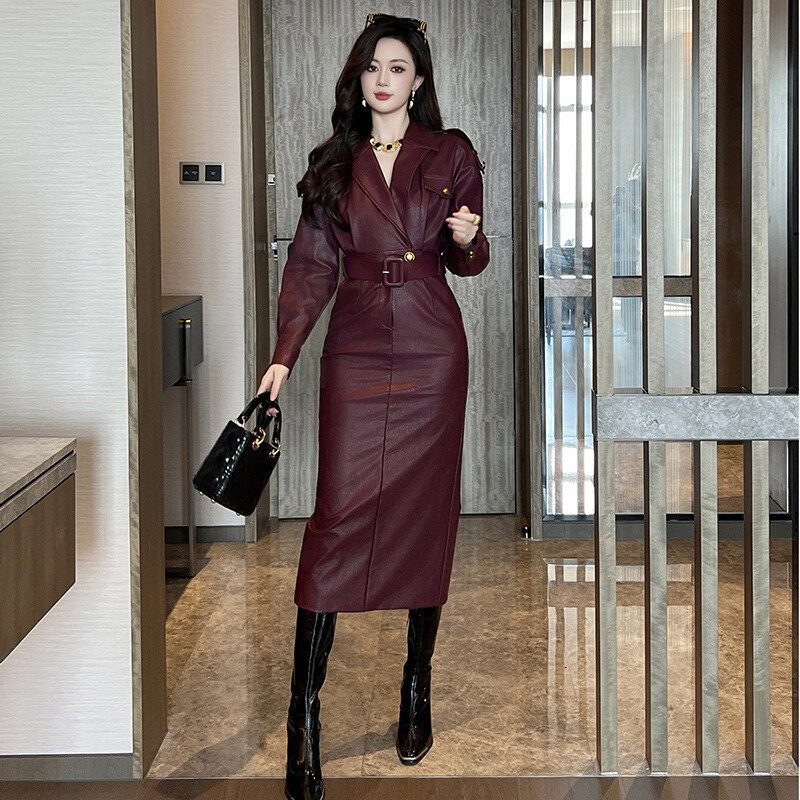burgundy leather dress long sleeve Miss Circle Faux Leather Blazer Mini Dress main image 1
