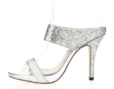 Womens THE ESSENCE MENBUR Silver Glitter Slides Fancy Heels Sandals Size 39