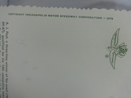 1973 A. J. Foyt Indianapolis 500 Gilmore Racing Postcard Out of Print - Picture 4 of 7