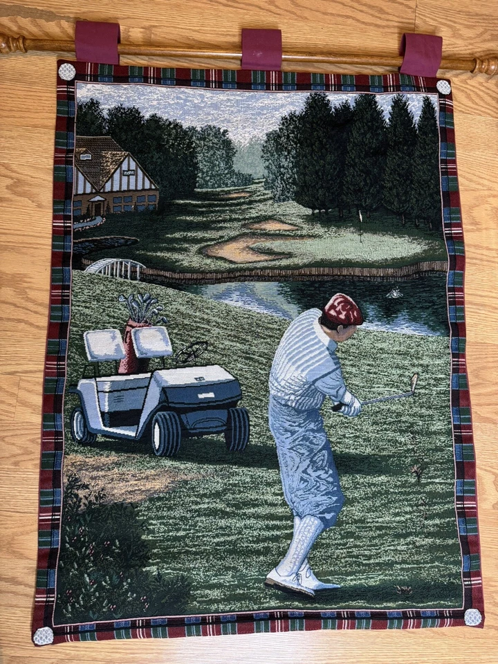Tapestry Golf Wall Hanging Decor  Man Cave Sports 26" W 35” H Wood Dowel & Pillo - Image 2 of 4