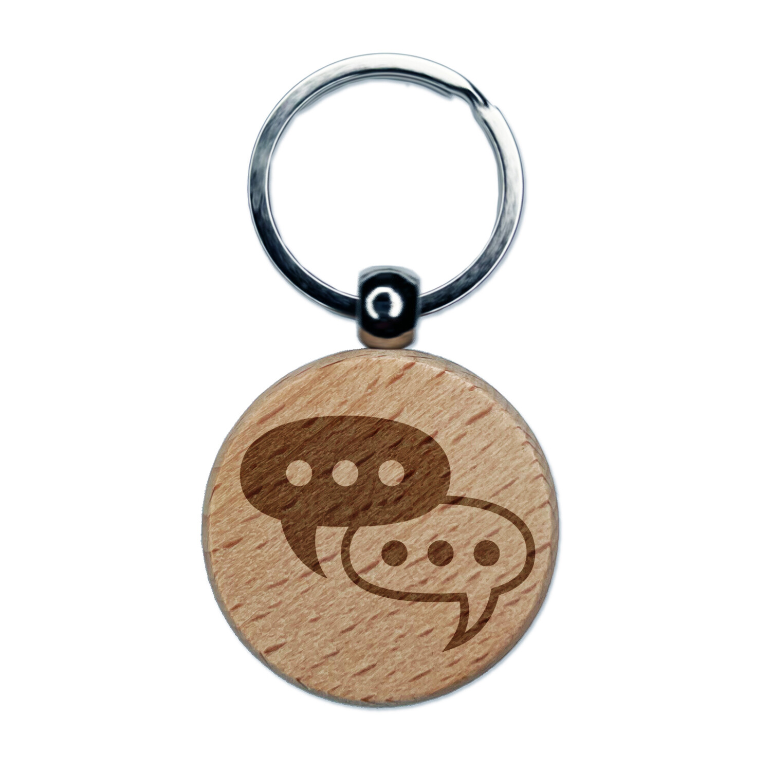 Engraved Wood Keychain with Chat Bubble Icon for Conversations  
