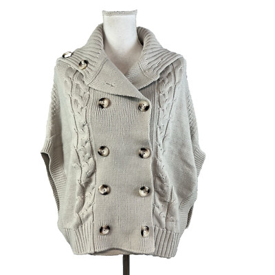 Vertigo Pea Coat Sweater Vest size Large Tan Stone Cable Knit Nautical Casual