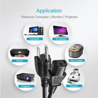 3 Prong AC Power Cord 3 ft UL for Computer, PC Monitor, TV, Printer - Black