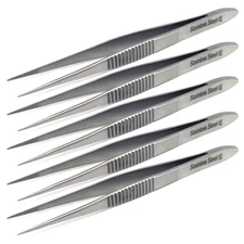 Stainless Steel Fine Micro Serrated Lab Tweezers 4.5" Forceps Set of 5Pcs