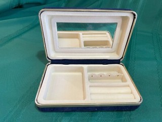 Dark Blue Velvet Jewelry Box with Gold Trim including a Mirror