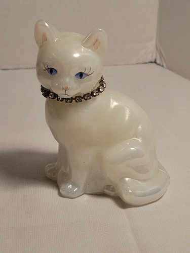 Vintage Fenton Iridescent Cat Figurine Rhinestone Signed A. Meeks
