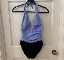 Miraclesuit Colorblock Unpadded Halter Plunge Ruched One Piece Swimsuit Sz 12