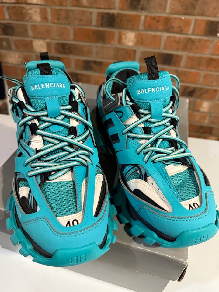 Balenciaga Aqua Blue Leather And Mesh Track Sneakers Size 40 UK 7 - Image 2 of 4