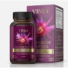 VINIA Red Grape Powder Rapid Absorption Piceid Resveratrol 30 Capsules Exp 9/26+