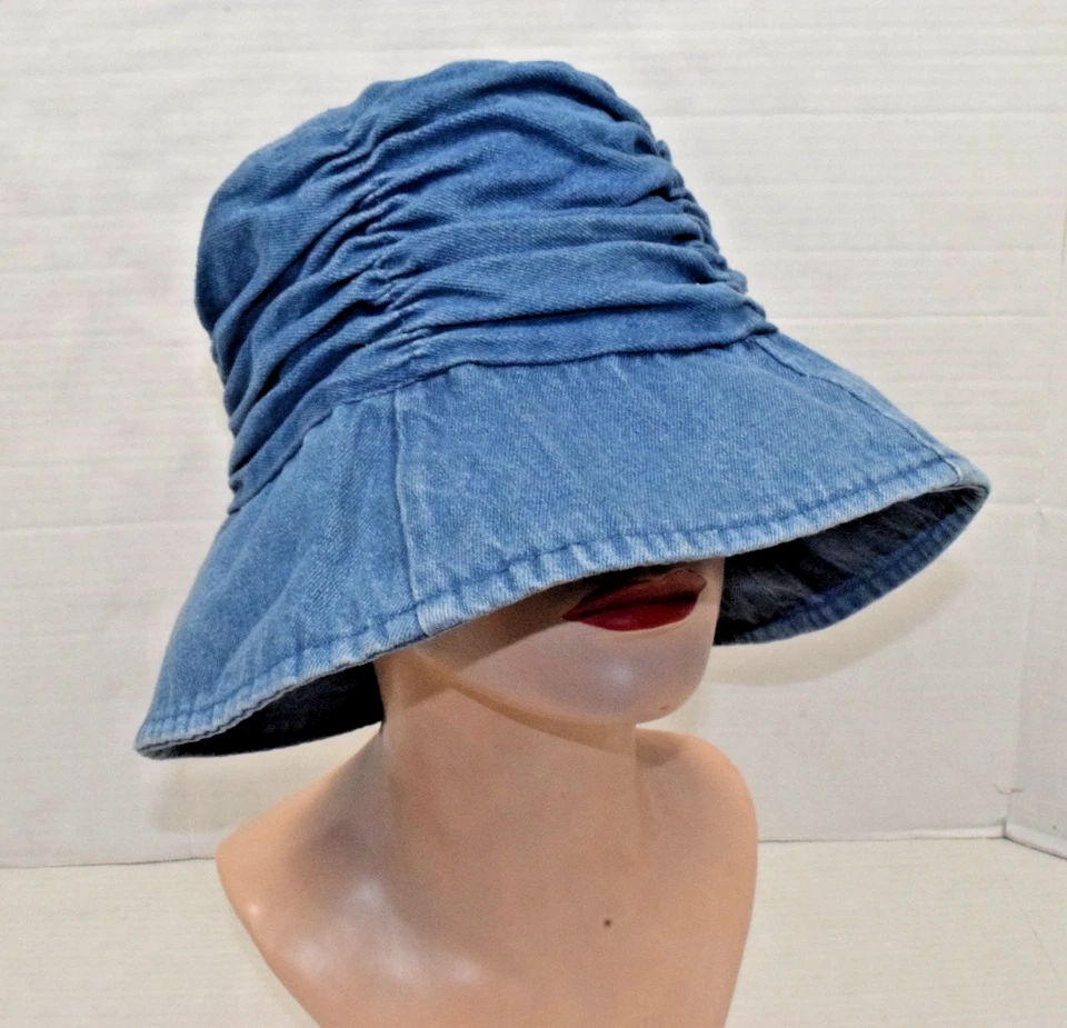 Vintage Jean Bucket Hat Size M 90s Ruched Blue Cotton Denim Made Macau - Image 2 of 4