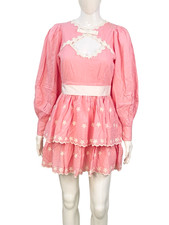 LoveShackFancy Women's Pink Floral Embroidered Tiered Mini Dress Puff Sleeve S