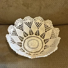 Vintage Hand Crocheted Bowl 11" Ecru Starched