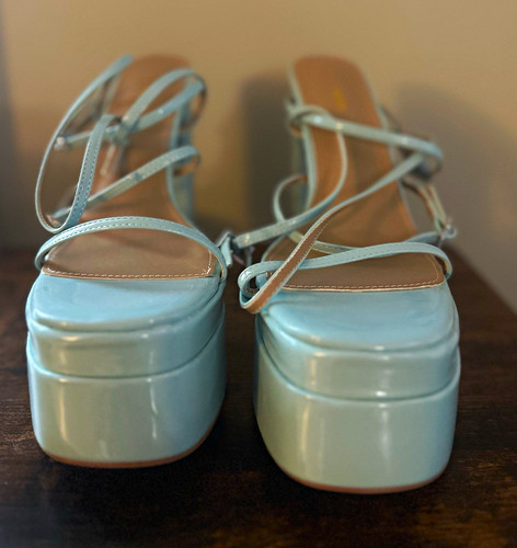 Fashion Nova Light Blue Patent Leather Platform Square Toe Buckle Sandals 11