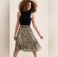 Anthropologie Maeve Orleans Gold Sequin Midi Skirt Size M A-Line Party Holiday