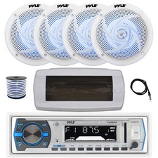 Pyle Bluetooth Marine Receiver,Cover, Antenna,Wire, 4x 4" 100W LED White Speaker