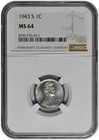 1943 S 1c Lincoln Steel Wheat Cent NGC MS 64 with Spots