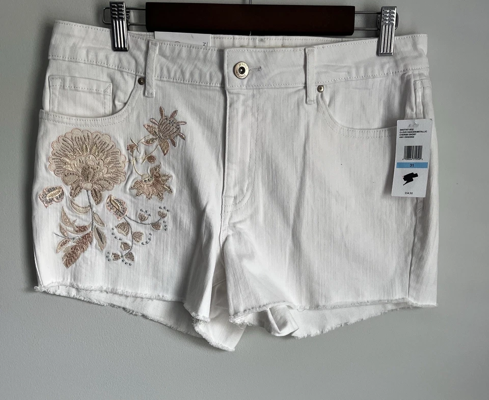 Nuevo Pantalón Corto Jessica Simpson Para Mujer Blanco Doble Bordado Floral Tiro Medio Denim 31 Foto 3 de 4