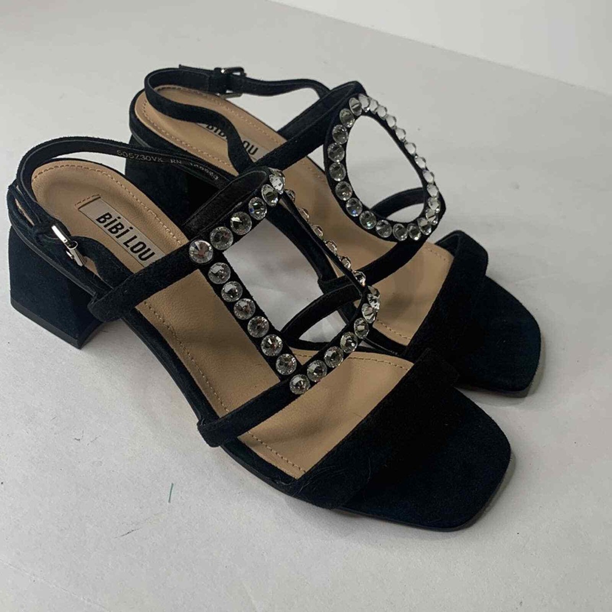 Bibi Lou Anthropologie black suede crystal straps heeled 