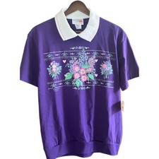 Vintage 90s NWT Morning Sun Short Sleeve Pink and Purple Floral Bouquet Forrer S