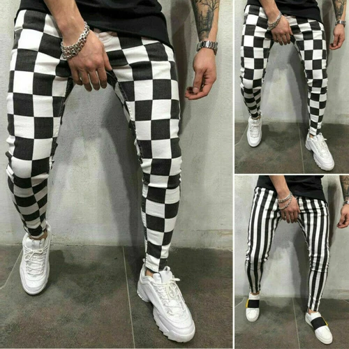 DE uomo a righe a quadri nero bianco pantaloni estivi slim tempo libero comodi pantaloni @ - Foto 4 di 15