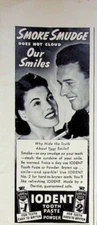 1941 Iodent Tooth Paster Vintage 1940s Print Ad Bright Smile Cigarette Smoke