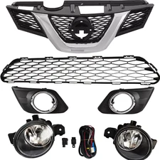 Fits 2014-2016 Nissan Rogue Front Upper and Lower Grille and Fog Light Kit Set