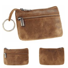 Brown Soft Men Women Card Coin Key holder ZIP Genuine Leather wallet Pouch Bag
