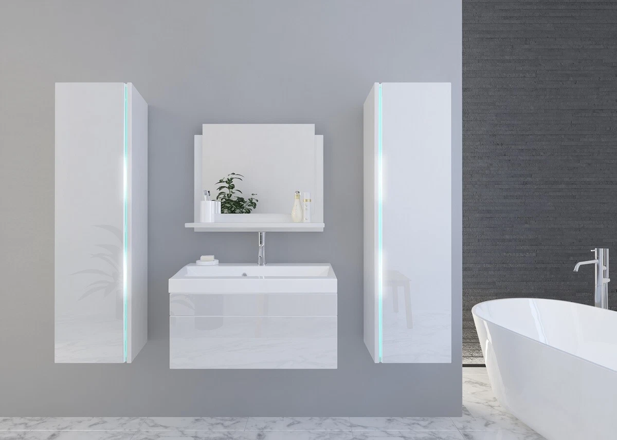 Modern White Gloss Bathroom Vanity Unit Set 600mm Sink Wall Cabinets Mirror LED