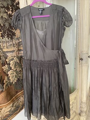Donna Karan Gray silk Midi dress SZ 4 wrap smocked waist Side pockets Pristine | eBay Donna Karan Gray silk Midi dress SZ 4 wrap smocked waist Side pockets Pristine | eBay