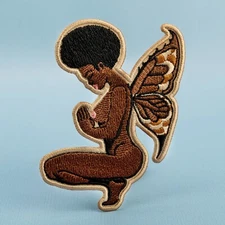 Black Fairy Embroidered Patch - Naked Black Woman Praying - Butterfly Wings